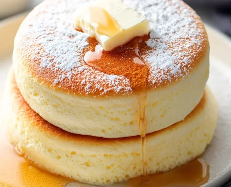 Fluffy Japanese soufflé pancakes stacked on a plate with syrup and fruit