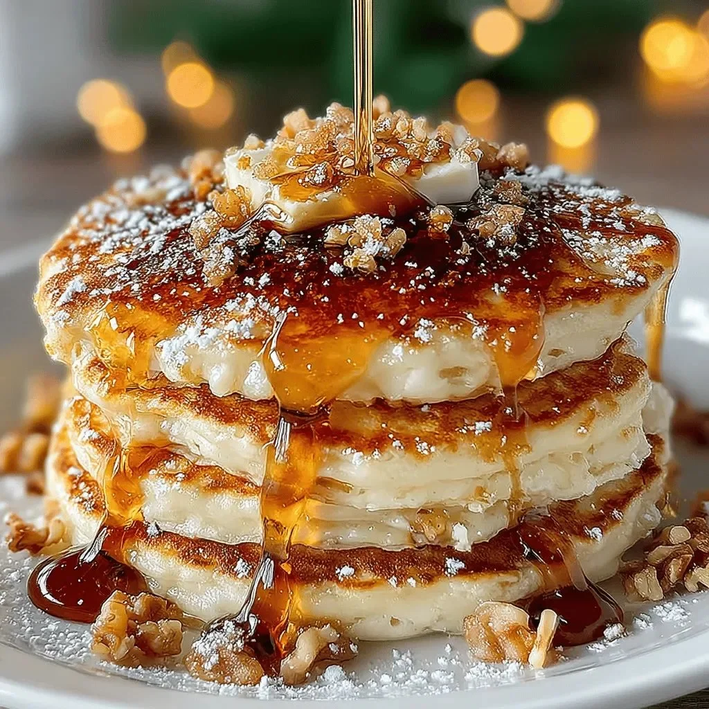 Fluffy maple cinnamon pancakes stacked with syrup and cinnamon sprinkle