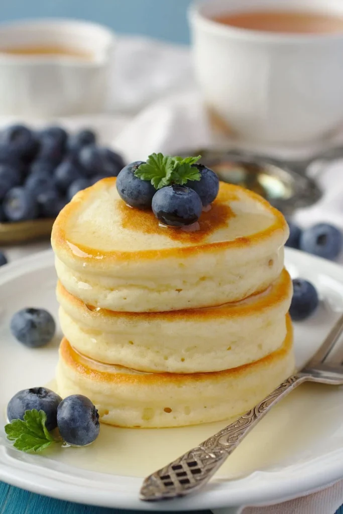 Stack of fluffy pancakes topped with syrup and berries