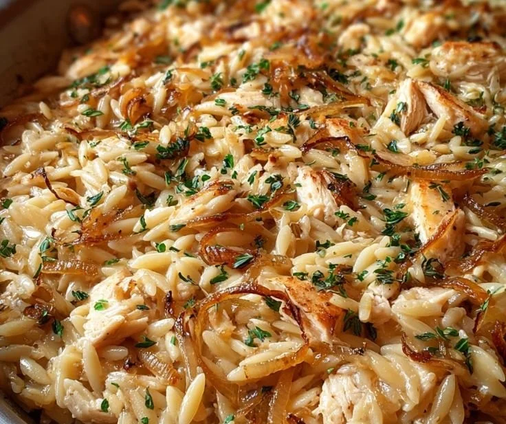Delicious French Onion Chicken Orzo with melted cheese and onions