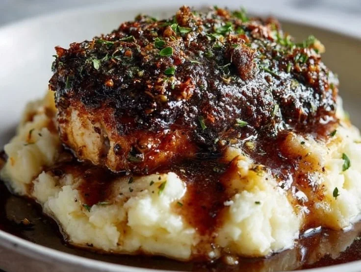 Juicy Garlic Herb Chicken garnished with fresh herbs