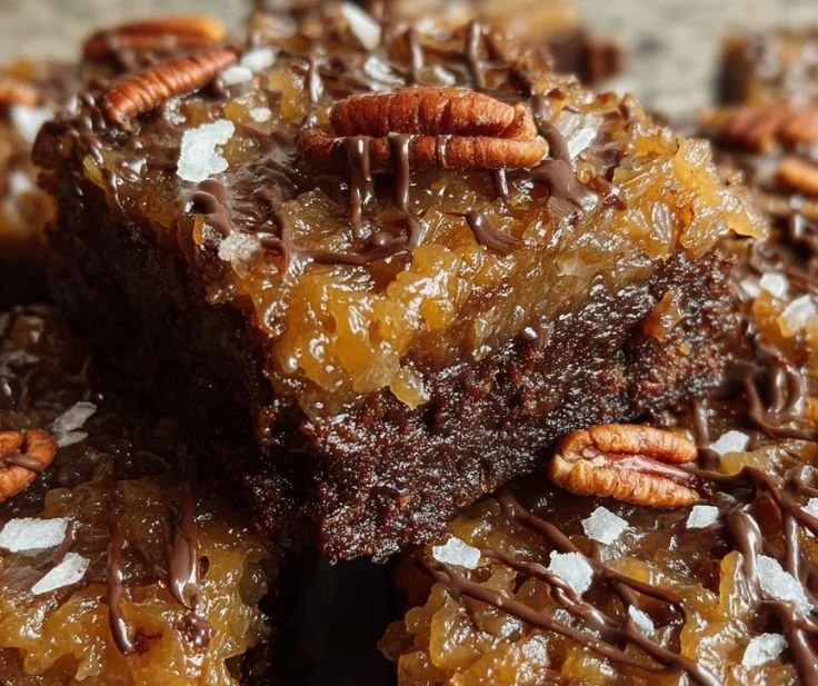 Delicious German chocolate pecan brownies with chocolate frosting and nuts