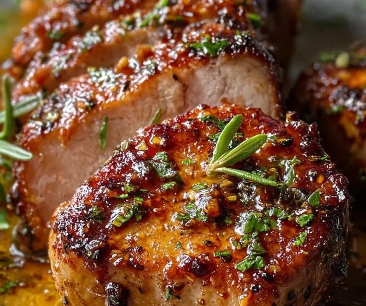 Glazed Maple Mustard Pork served with vegetables on a plate