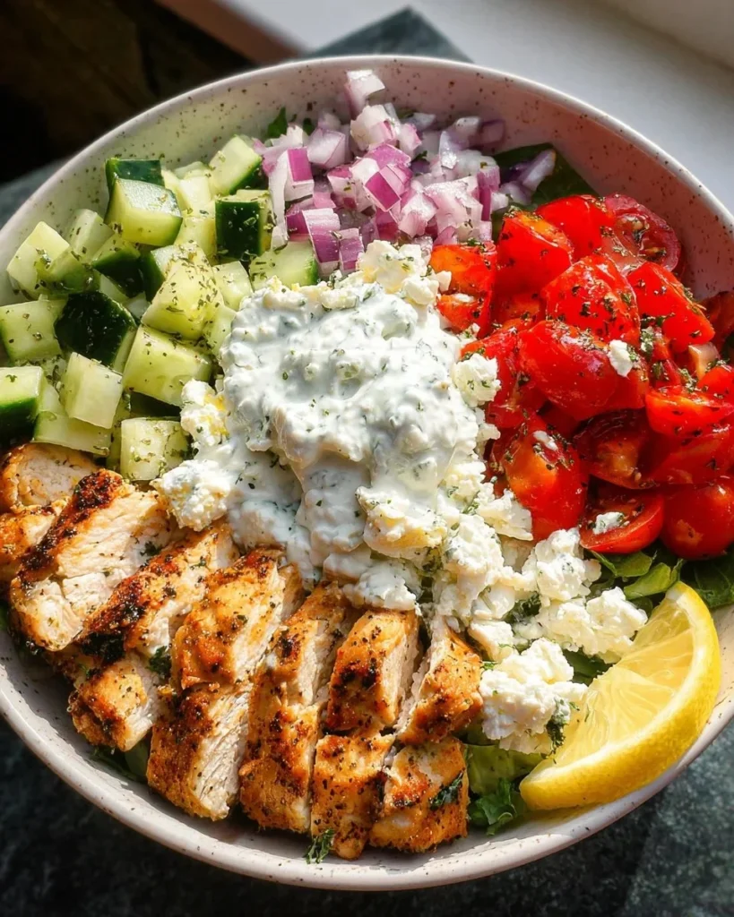 Bowl of Greek Chicken with vegetables and rice, garnished with feta cheese.