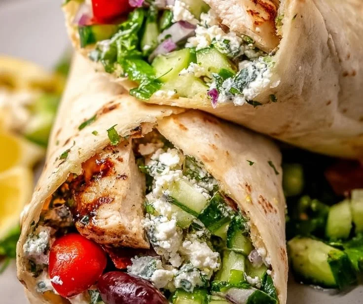 Delicious Greek lemon chicken wrap with fresh vegetables and herbs