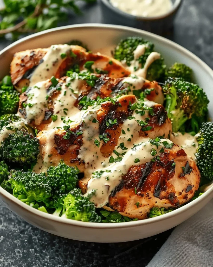 Grilled chicken and broccoli bowls topped with creamy garlic sauce