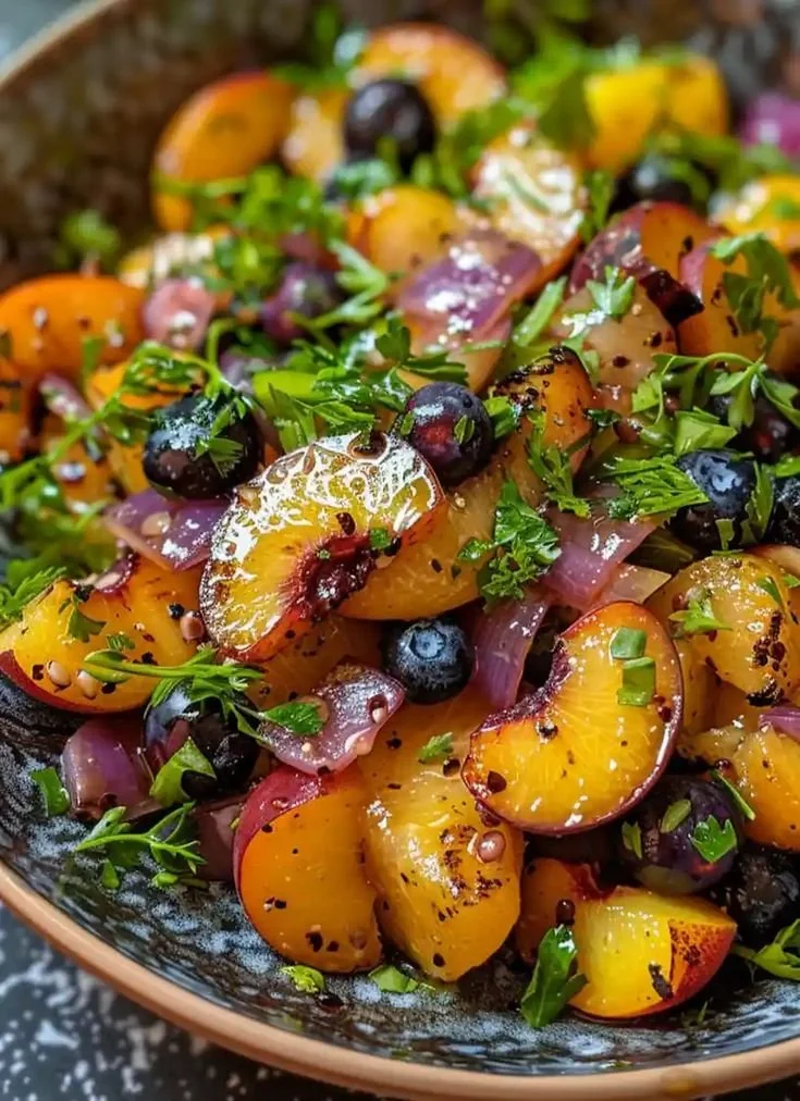 Grilled Peach Blueberry Salad with fresh fruit and greens on a plate