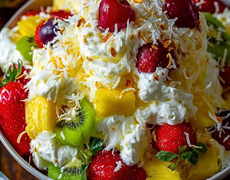 Hawaiian Cheesecake Salad with tropical fruits and creamy cheesecake topping