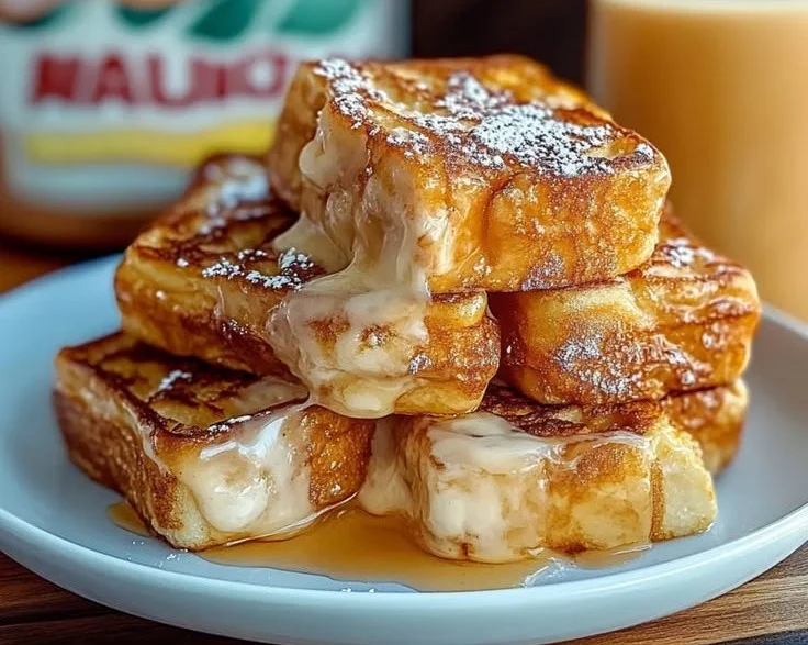 Delicious Hawaiian Roll French Toast served with syrup and fruit on a plate.