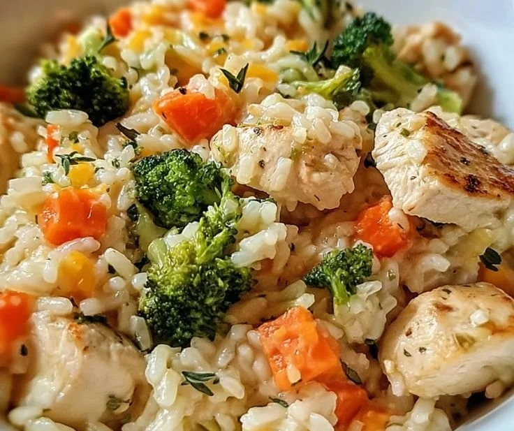 Healthy chicken and rice casserole dish with vegetables and cheese baked to perfection