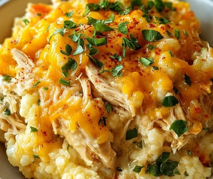 Healthy chicken cauliflower casserole topped with melted cheese and fresh herbs