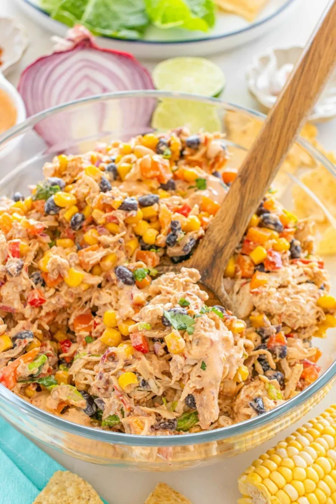 High protein Southwest Chicken Salad with fresh ingredients and vibrant colors