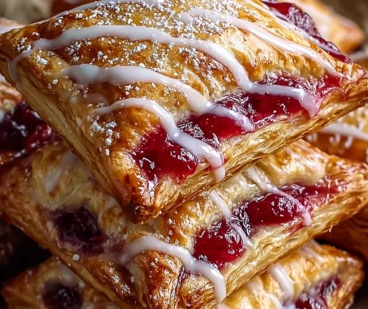Homemade cherry puff turnovers with flaky pastry and cherry filling