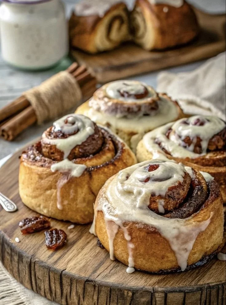 Freshly baked homemade cinnamon rolls with creamy icing on top.