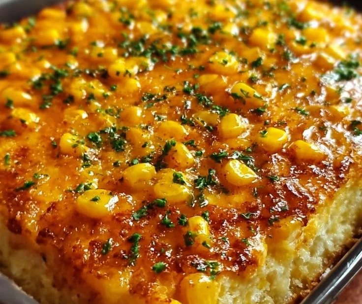 Honey-Glazed Corn Casserole garnished with herbs and ready to serve