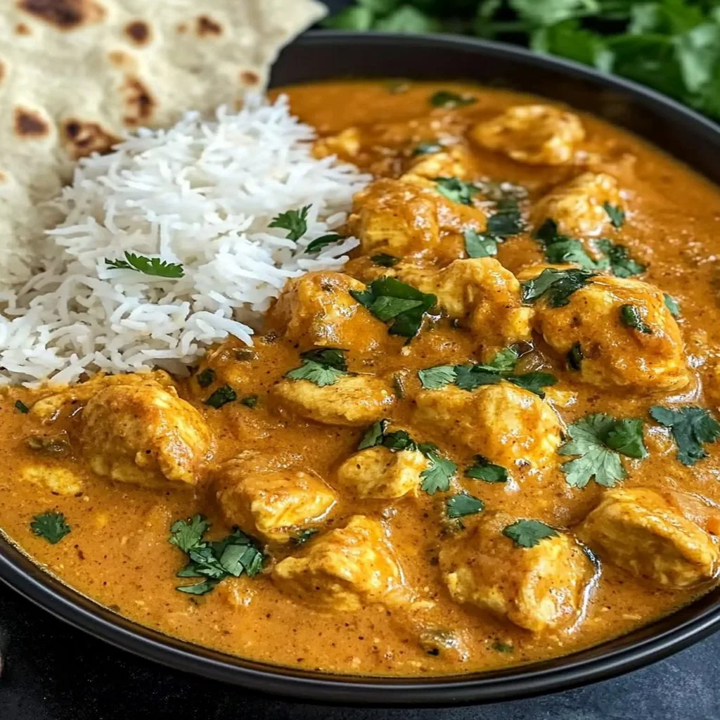 Delicious Indian Chicken Curry garnished with fresh herbs and served with rice