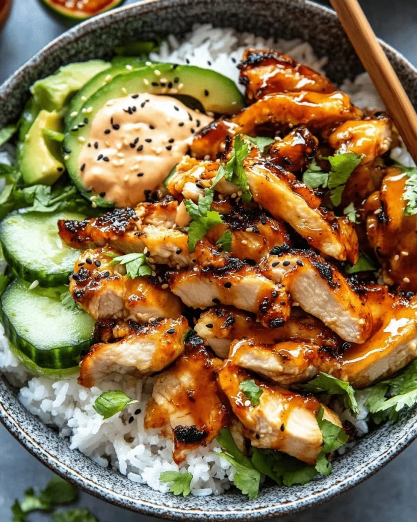 Spicy honey-ginger chicken bowls with creamy yum yum sauce served in a bowl