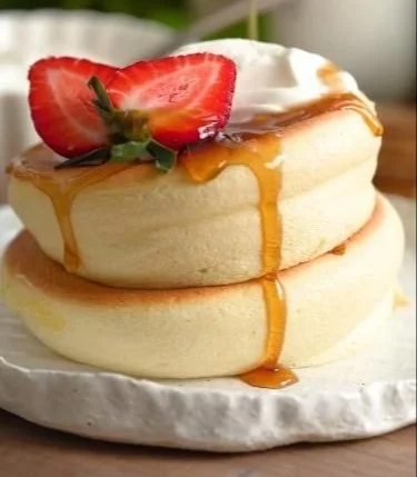Fluffy Japanese soufflé pancakes stacked on a plate, drizzled with syrup.