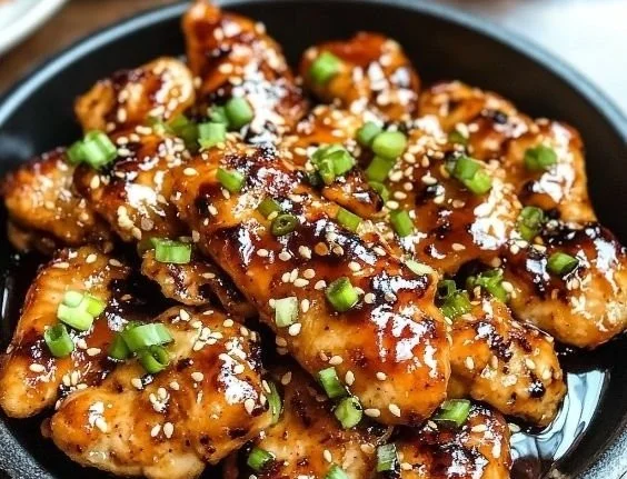 Delicious Korean chicken breasts with vibrant sauce and garnishes