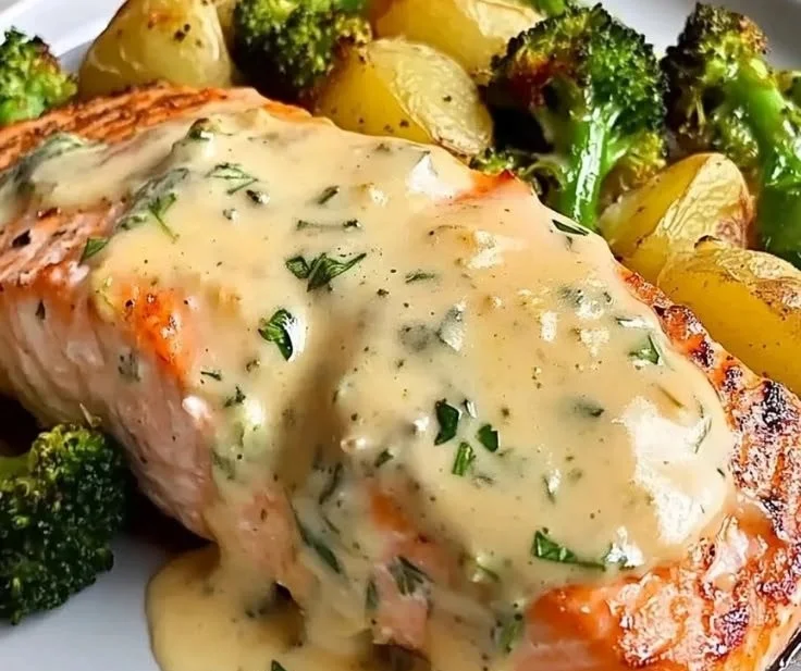 Lemon Butter Salmon with crispy potatoes and broccoli on a dinner plate