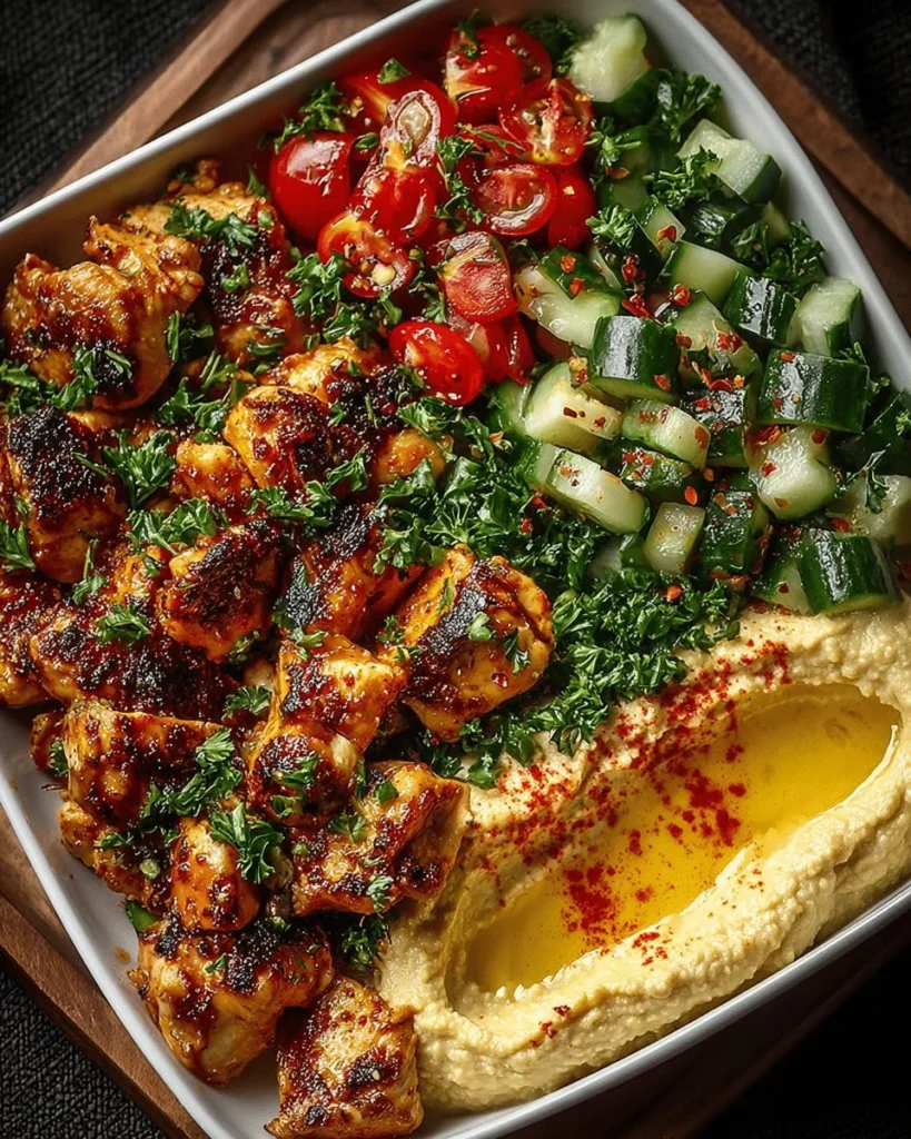 Lemon Chili Grilled Chicken Bowls with cucumber salad and hummus