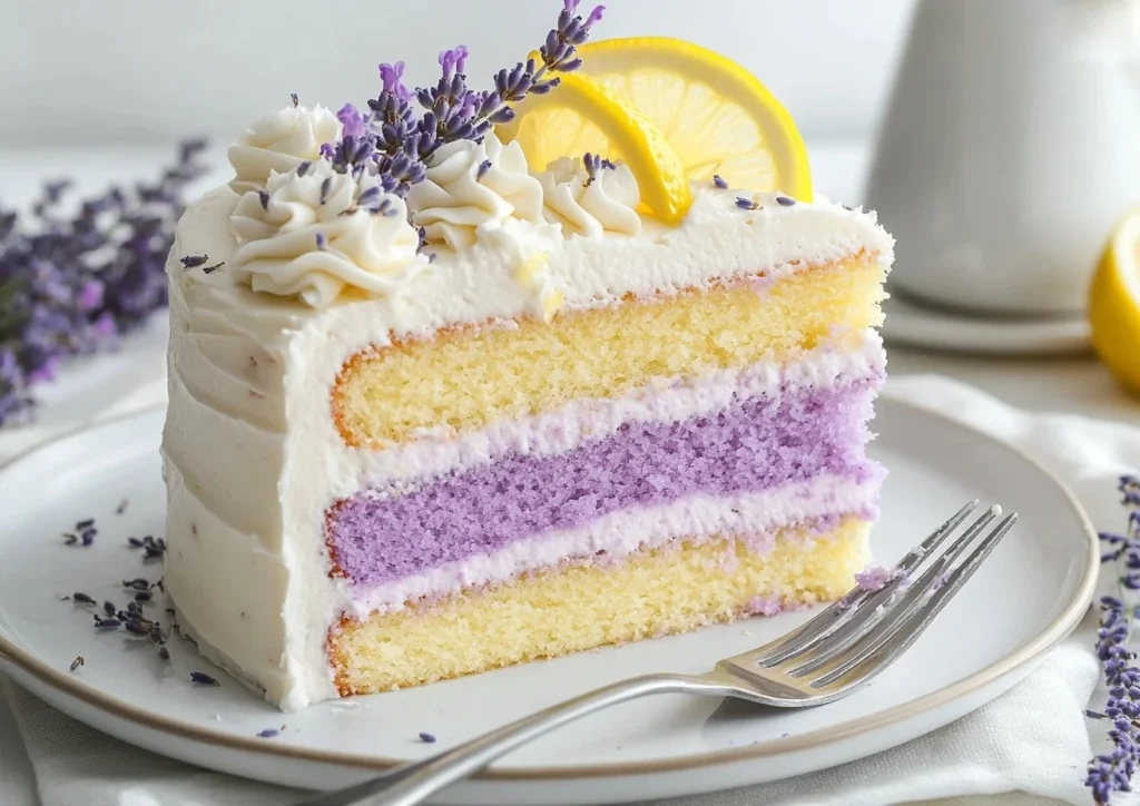 Lemon Lavender Cake with vibrant lemon slices and lavender flowers on top
