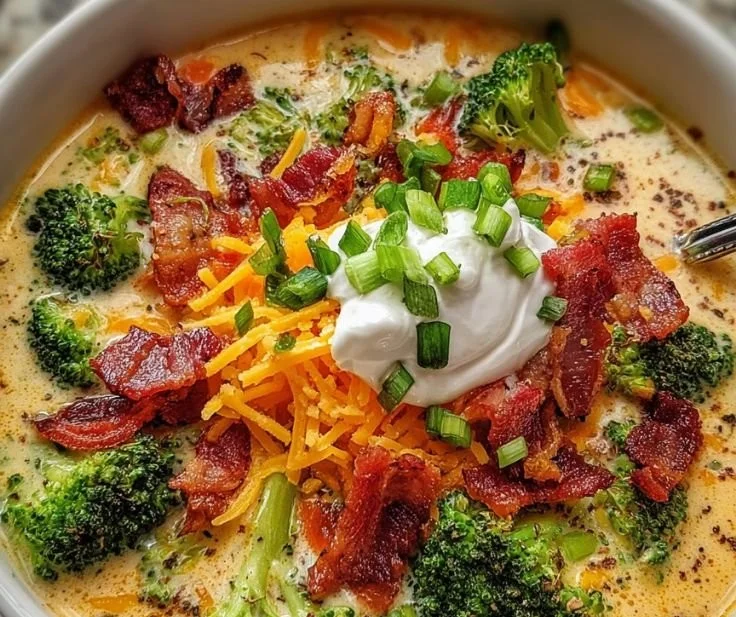 Bowl of loaded broccoli cheddar soup topped with cheddar cheese and broccoli florets.