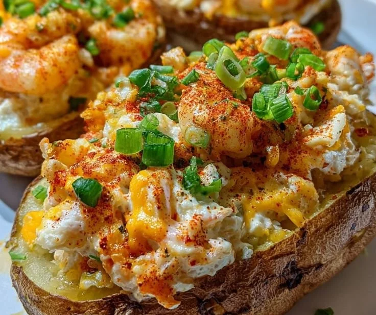 Loaded Cajun seafood stuffed potatoes topped with spices and seafood mix