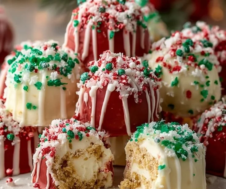 No-Bake Christmas Cheesecake Bites decorated for the holiday season.