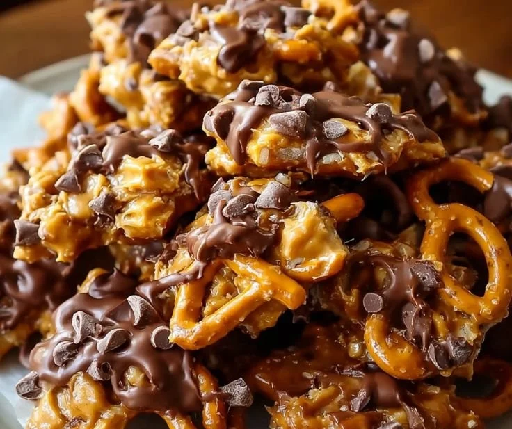 Delicious no-bake peanut butter pretzel clusters on a white plate