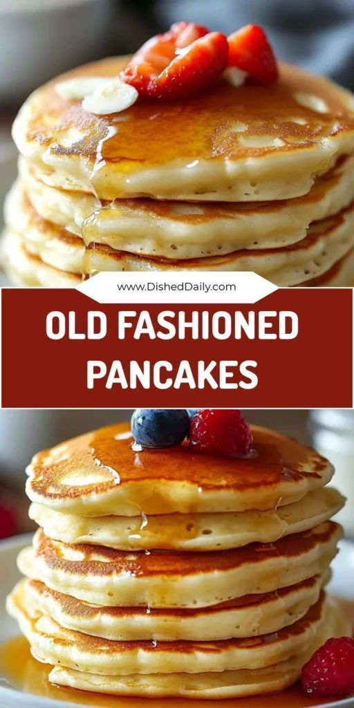Stack of fluffy old fashioned pancakes topped with syrup and berries