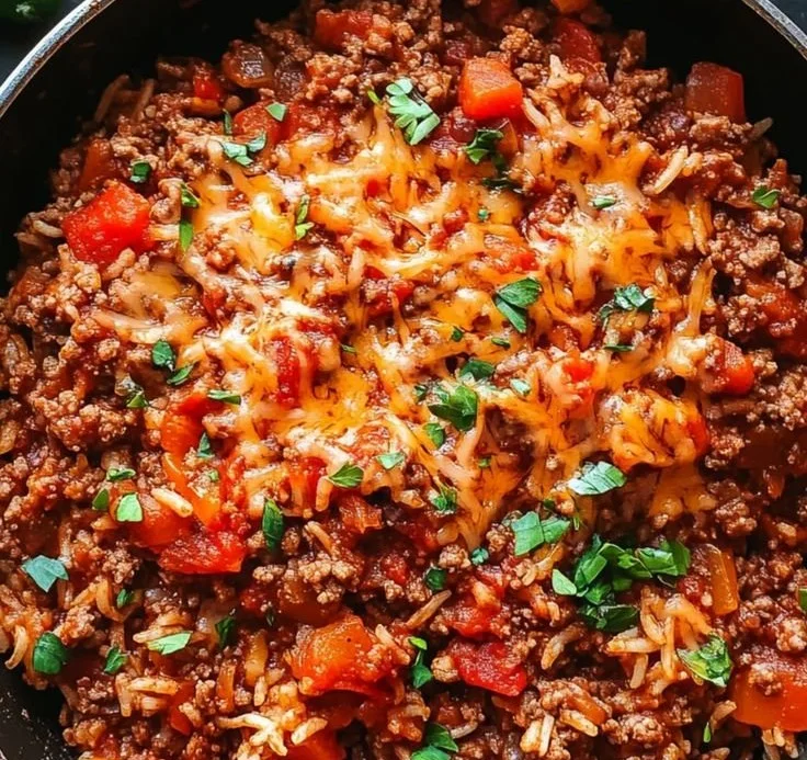 One pot unstuffed pepper skillet with colorful bell peppers and rice