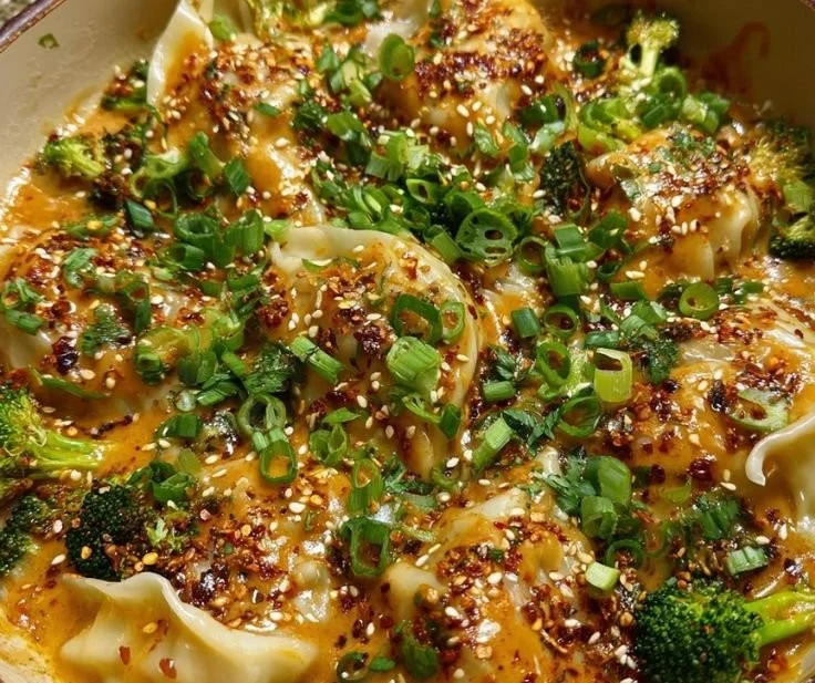 Oven-baked dumplings plated with peanut sauce for dipping