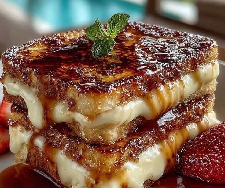 Delicious Overnight Crème Brûlée French Toast topped with caramelized sugar