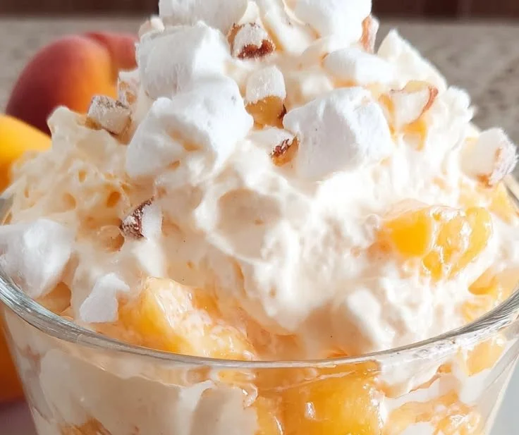 Delicious and creamy Peach Fluff dessert in a bowl with fresh peach slices.
