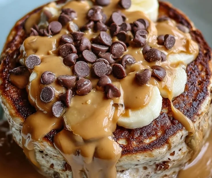 Peanut Butter Cup Protein Pancake Bowl topped with peanut butter and chocolate chips.