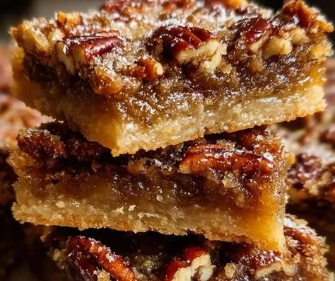 Delicious homemade pecan pie bars topped with pecans and syrup