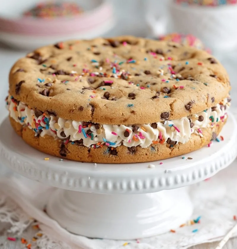 Deliciously baked chewy cookie cake topped with chocolate chips and frosting
