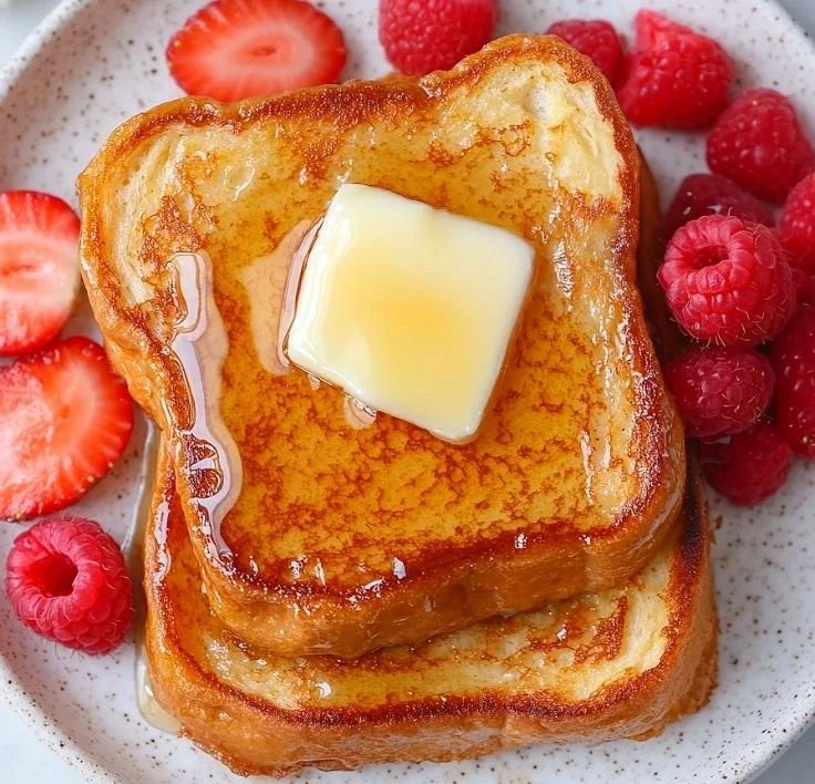 Delicious and fluffy vanilla French toast served with syrup and berries.