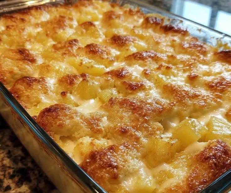 Pineapple Cream Cheese Cobbler baked dessert with pineapple and cream cheese