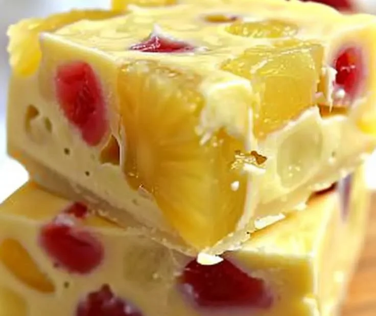 Pineapple Upside Down Cake Fudge with caramelized pineapples and cherries