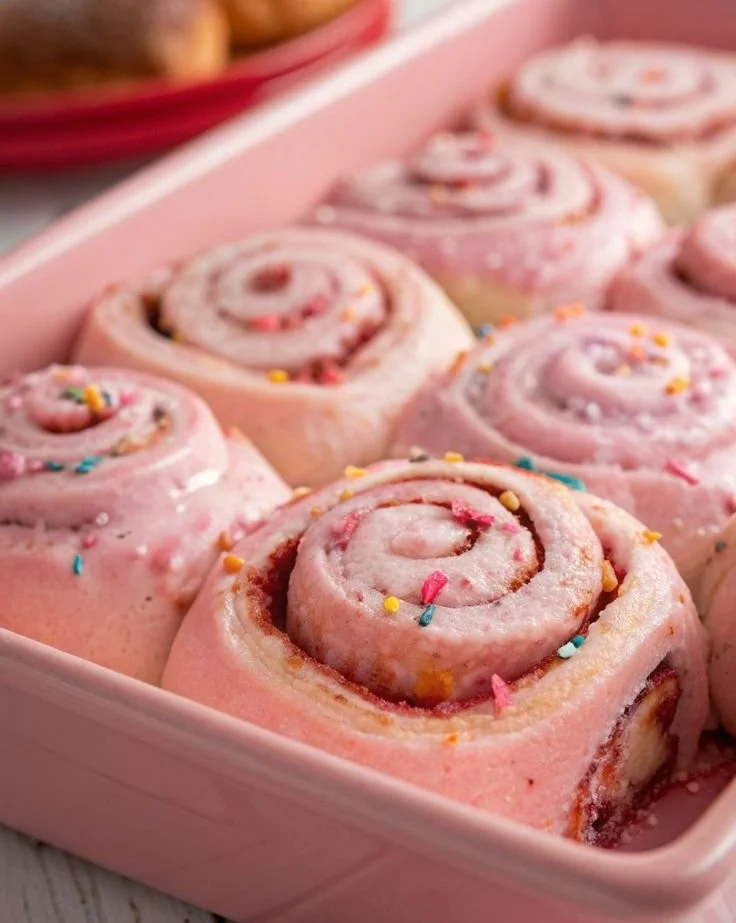 Pink Velvet Cinnamon Rolls topped with cream cheese frosting, freshly baked.