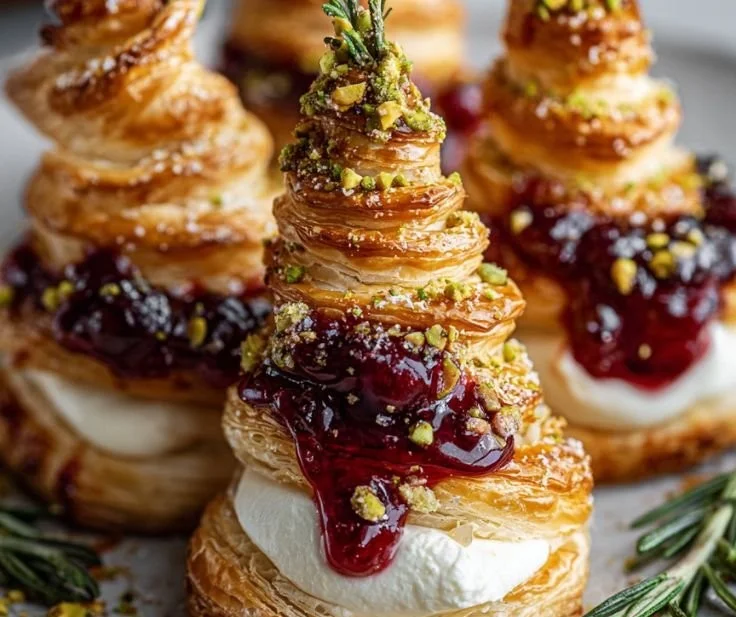 Festive puff pastry trees with burrata and cranberry glaze on a serving plate