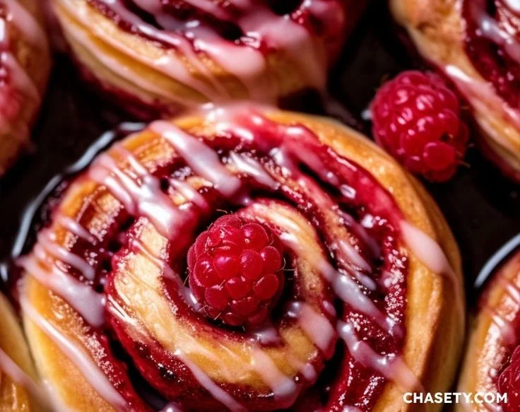 Freshly baked Raspberry Cinnamon Rolls drizzled with lemon glaze