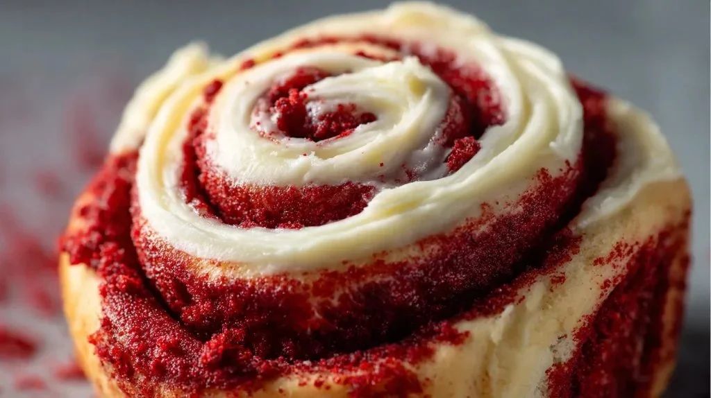 Red Velvet Cinnamon Rolls topped with cream cheese frosting