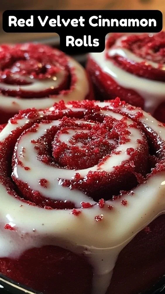 Delicious Red Velvet Cinnamon Rolls topped with cream cheese frosting