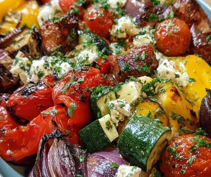 Dish of roasted Mediterranean Greek vegetables with colorful bell peppers and zucchini