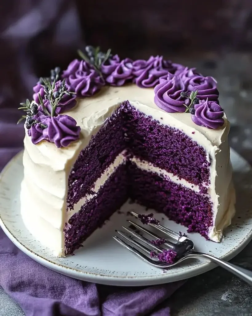Royal Purple Velvet Cake with cream cheese frosting and decorative sprinkles