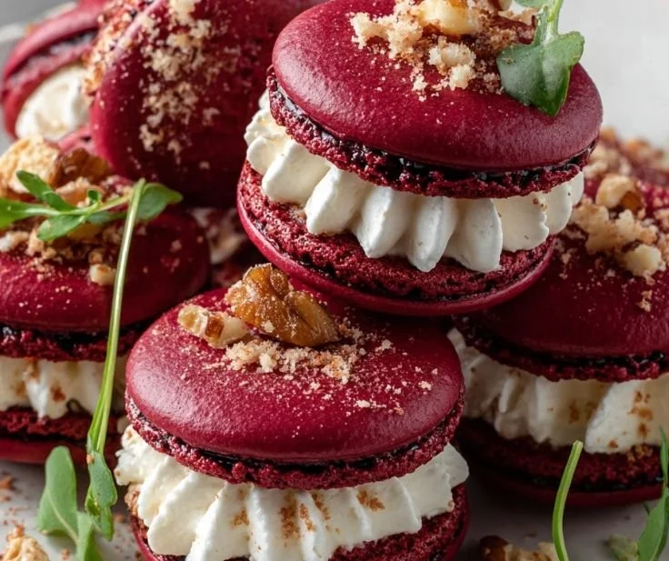 Savory beet macarons filled with goat cheese on a decorative plate