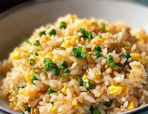 Bowl of savory Japanese garlic fried rice garnished with green onions